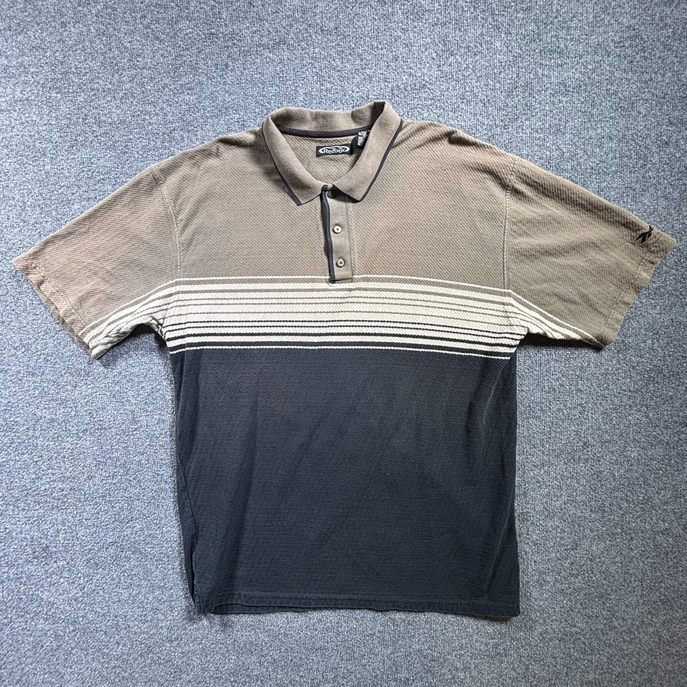 Reebok Polo Shirt Men's 2XL Brown Cotton Striped Golf Sports Performance Running